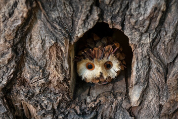 Little owl toy in a hole in a tree. Close-up.