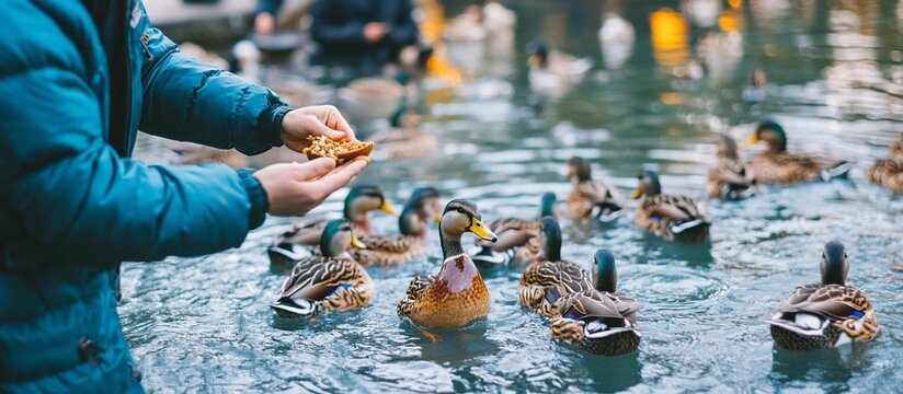 Person feeds ducks bread at park pond, city background