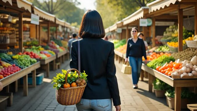  a confident woman with straight, jet-black hair styled in a sleek bob walks through an open-air farmer's market.