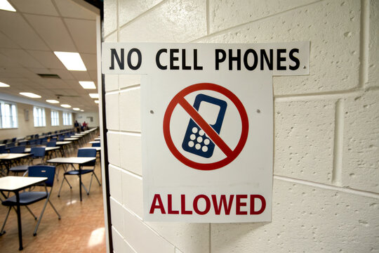 A sign prohibiting cell phones in a classroom, emphasizing a distraction-free environment for students.