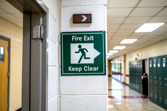 An emergency exit sign indicating the fire exit, with a directive to keep the area clear for safety in a school hallway.
