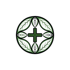 Design a modern, minimalist logo a medical cross encircled by stylized leaves.  Emphasis on clean lines and a calming color palette.