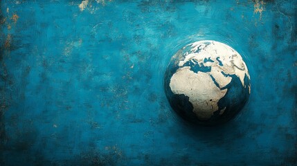 A painted globe emerges from a textured blue background, representing the planet earth with artistic flair