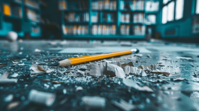 Pencil on Messy Classroom Floor with Shavings and Dust