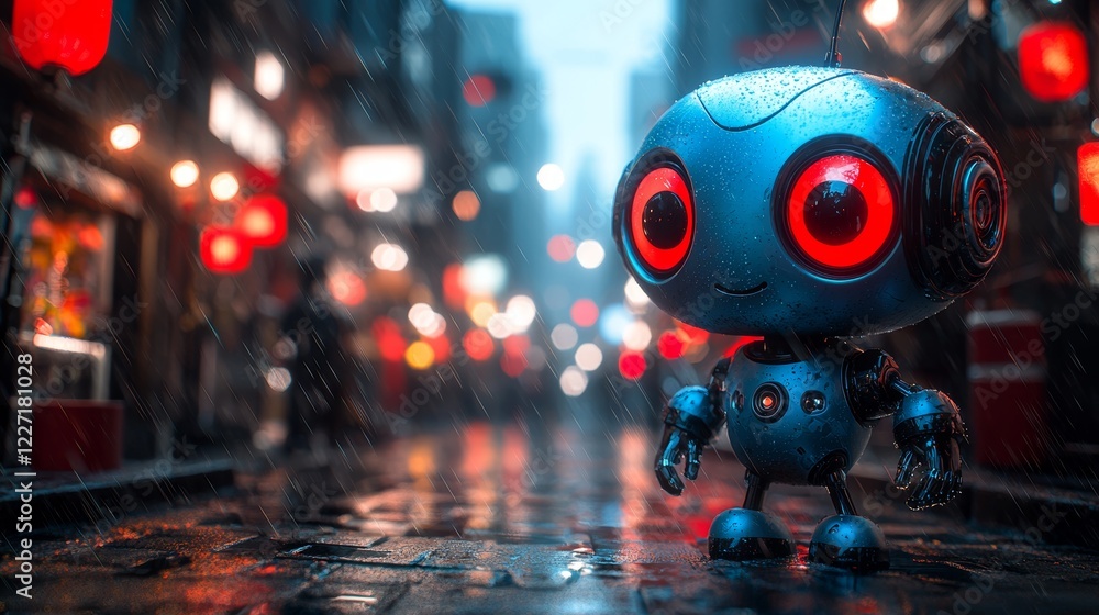 Poster in this color image, the background showcases new computers and phones, with an ai-style robot in th