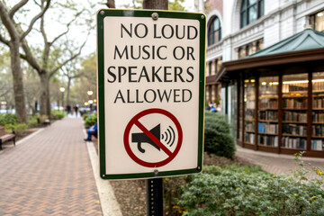 A sign in a park prohibits loud music and speakers, promoting a peaceful environment for visitors.