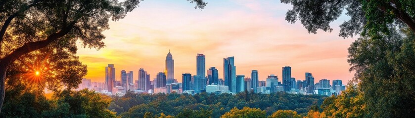 A stunning panoramic view of a city skyline at sunset, framed by lush greenery and vibrant colors in the sky.