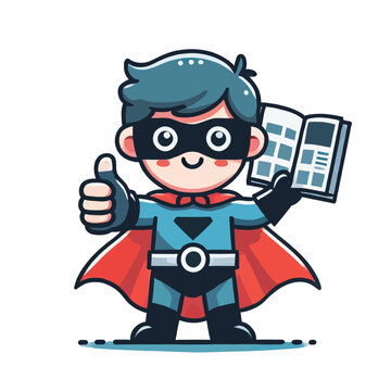 Smiling Superhero Boy Holding Book Giving Thumbs Up