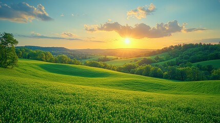 Obraz premium A serene vista of bountiful fields and colorful vegetable plots bathed in the golden hues of sunset, framed by a clear blue sky