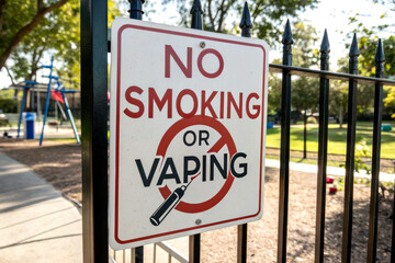 A sign prohibiting smoking and vaping near a park, emphasizing a smoke-free environment for visitors and children.