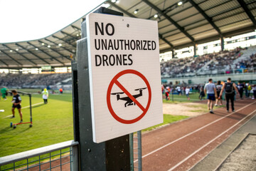 A sign prohibits unauthorized drones at a sports facility, with a busy stadium in the background.