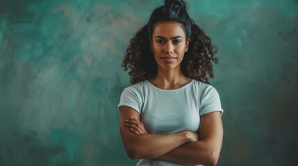 Fototapeta premium Confident young woman with curly hair standing with crossed arms against a blue background.