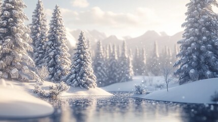 Naklejka premium Snowy mountain lake winter scene; serene snowfall, tranquil landscape, ideal for winter holiday cards