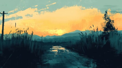 Serene Sunset Over Rural Road and Fields