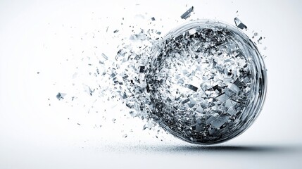 Shattering metal sphere explodes; white background; destruction concept