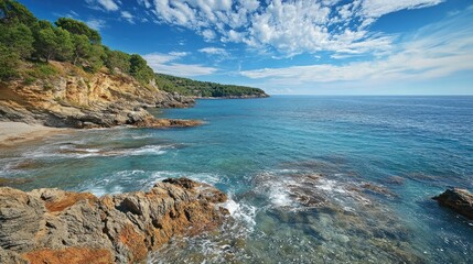 Fototapeta premium Seascape with rocky cliffs and turquoise water under a bright blue sky with clouds