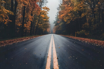 Fototapeta premium A serene road surrounded by autumn foliage in a misty atmosphere.