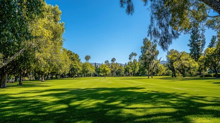 Fototapeta premium A wide view of a grand park with manicured lawns and tall trees under a clear sky.
