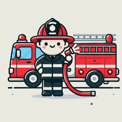 Smiling Cartoon Firefighter with Firetruck Illustration