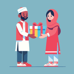 Happy Couple Exchanging a Gift Festive Celebration Illustration