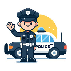 Obraz premium Friendly Cartoon Police Officer Waving Near Police Car