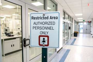 A sign indicating a restricted area for authorized personnel only, located in a modern hallway of a facility.