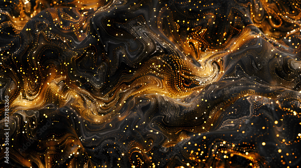 Poster abstract golden waves with sparkling elements creating a dynamic visual effect.