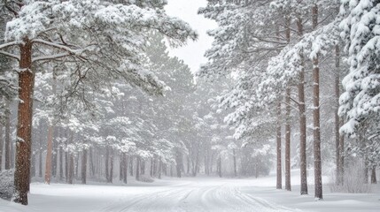 Snowy Forest Path with Tall Trees Covered in Snow during a Winter Storm