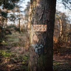 Wooden "2025" numbers displayed on a tree trunk in a forest for a New Year's theme. 