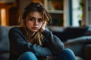 A woman sitting on a couch with her hand on her chin