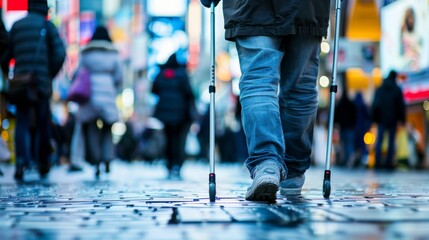 Person Walking with Crutches in a Busy Urban Environment at Night