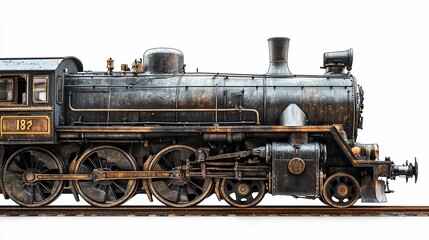 Fototapeta premium Vintage steam locomotive side profile, weathered, tracks, white background, railway history