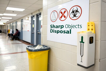 A sign indicating sharp objects disposal with warning symbols, accompanied by a yellow trash bin in a hallway.
