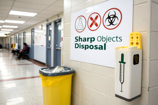 A sign indicating sharp objects disposal with warning symbols, accompanied by a yellow trash bin in a hallway.