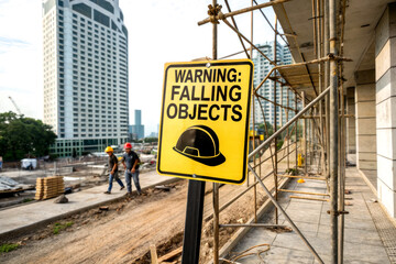 A bright warning sign alerts pedestrians about falling objects on a construction site, with workers and scaffolding visible in the background.