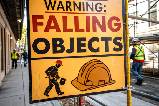 A bright warning sign alerts pedestrians to the danger of falling objects in a construction zone, featuring a hard hat and construction worker illustration.