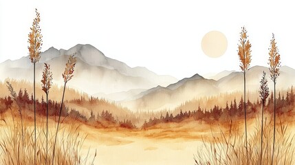 Watercolor neutral minimalist landscape illustration