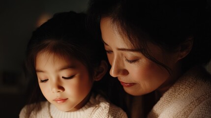 Asian mother and daughter sharing a tender moment in warm light