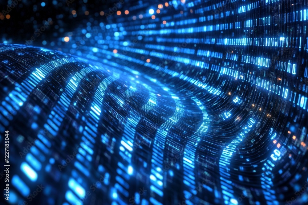 Poster Abstract representation of flowing blue data patterns across a digital landscape