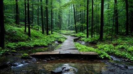 Naklejka premium Stone path through lush green forest after rain