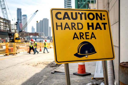 A bright yellow caution sign warns about a hard hat area near a construction site, with workers in the background and equipment visible.