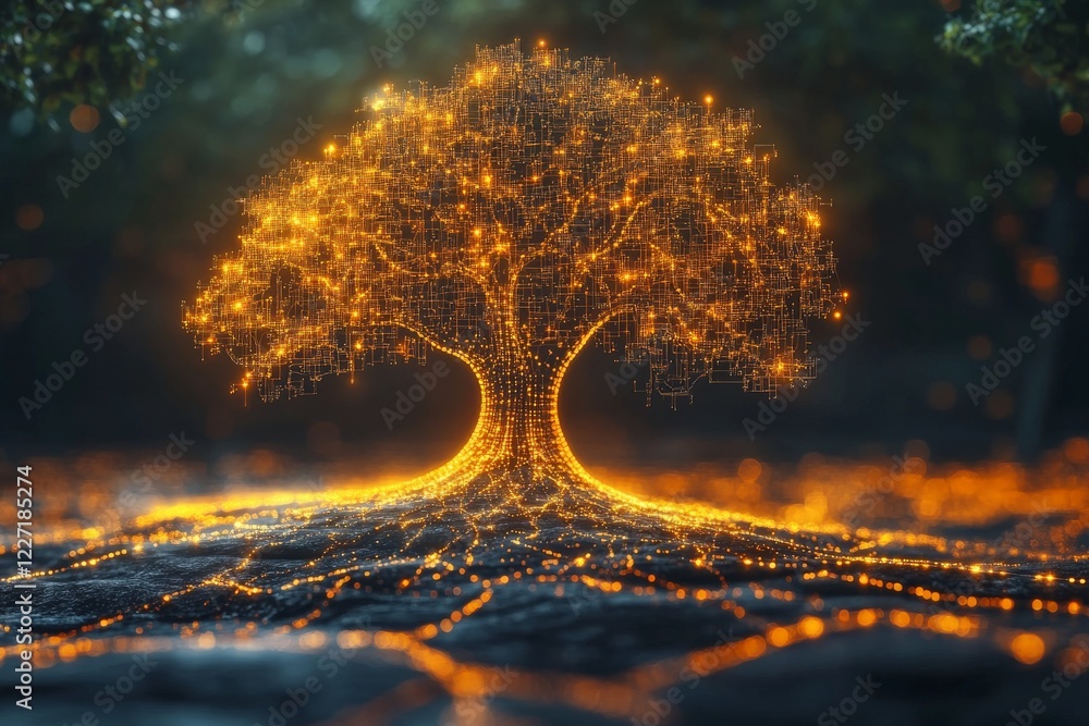 Aufkleber Illuminated tree of life showcasing digital patterns in a serene forest setting during twilight