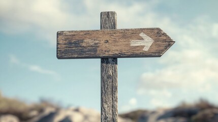 Rustic wooden signpost, right arrow, mountainous landscape, cloudy sky, directional guidance