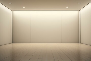 Obraz premium Modern minimalist interior design featuring an empty room with light wooden floor and spotlights illuminating smooth walls, creating a serene atmosphere