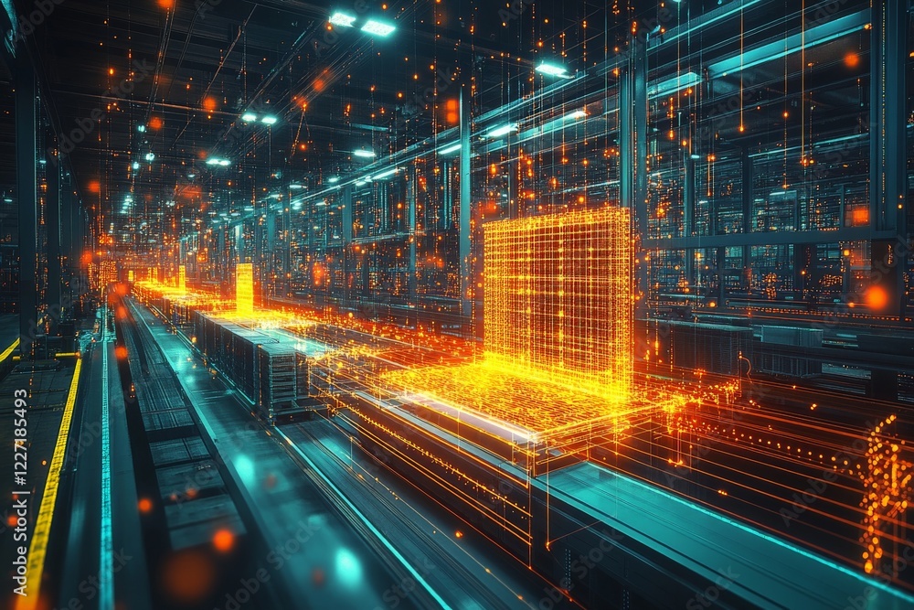Aufkleber Visual depiction of a futuristic warehouse with digital elements creating an efficient logistics environment