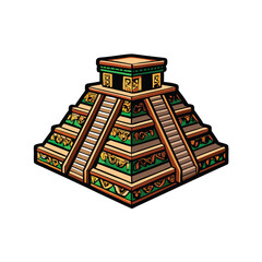 Design a stylized Aztec temple featuring geometric stairs, intricate carvings, and vibrant color palettes.  Emphasize symmetry and strong lines.