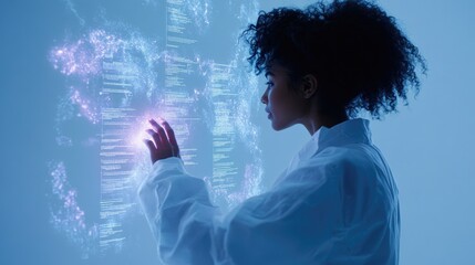 African female scientist engages with futuristic digital interface displaying code