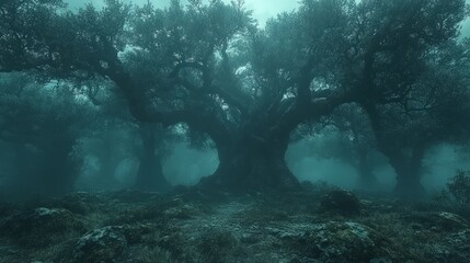 Fototapeta premium Eerie Forest Scene with Ancient Trees Shrouded in Mystical Mist and Shadows Creating a Tranquil Atmosphere