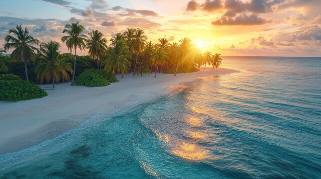 Bird's eye view of tropical islands in the ocean. Drone's perspective of the islands. Maldives, Thinadhoo (Vaavu Atoll), Dhigurah