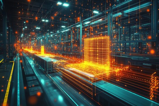 Visual depiction of a futuristic warehouse with digital elements creating an efficient logistics environment